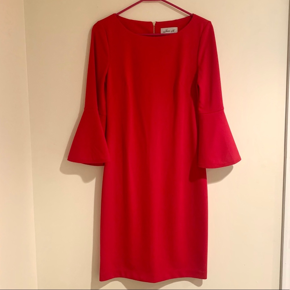 Red bell cuff mid length dress - size 6